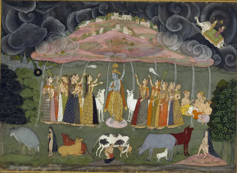 Krishna lifts Mount Govardhan